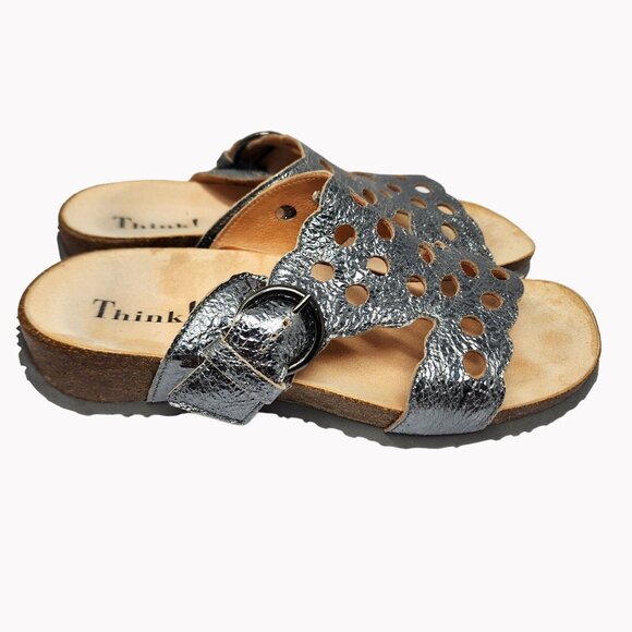 Think! Womens size 8 Mizzi Silver Leather Cut-Out Mule Sandals New - Picture 4 of 9